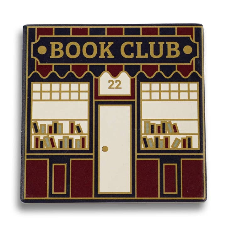 Half Moon Bay Book Club ceramic coaster with bookshop design