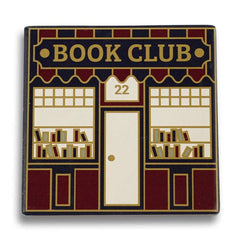 Half Moon Bay Book Club ceramic coaster with bookshop design